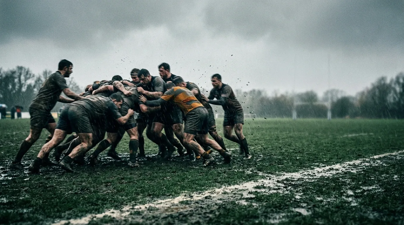 Mêlée de rugby amateur sur un terrain détrempé